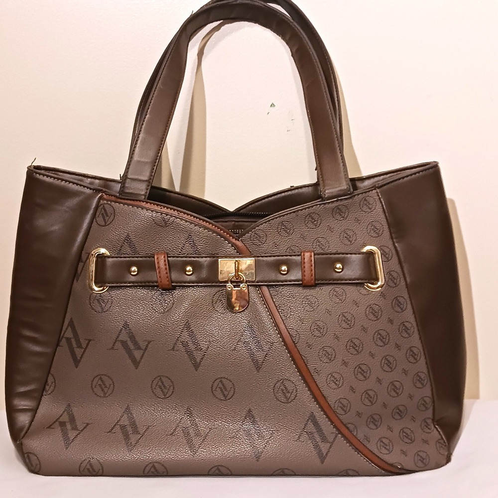 Adrienne Vittadini Brown‎ Monogram Tote Bag Gold Hardware Padlock Detail Satchel